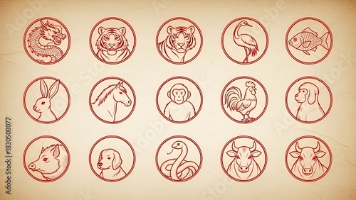 A complete set of hand-drawn Chinese zodiac animal symbols in red ink on a parchment background, representing the traditional lunar calendar cycle