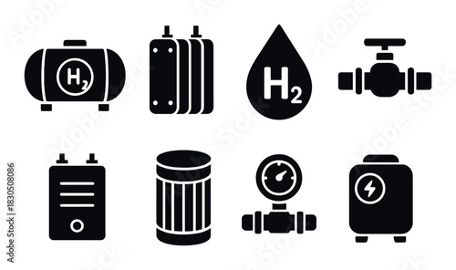 Hydrogen energy icons: hydrogen tank, fuel cell, valve, pressure gauge, battery