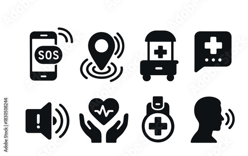 Emergency assistance icons: sos, location, ambulance, healthcare, communication