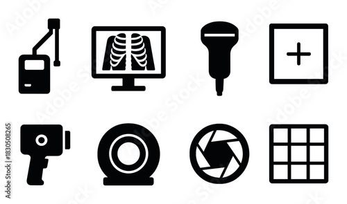 Medical imaging equipment icons: x-ray, ultrasound, radiography symbols on dark background