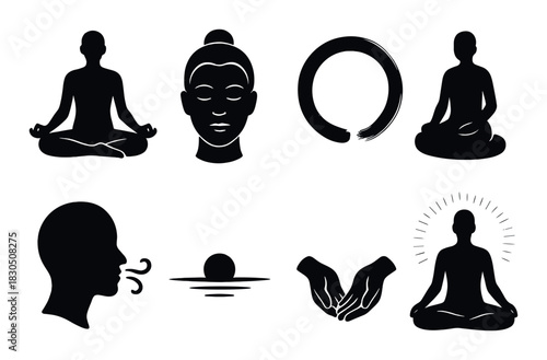 Silhouette meditation practices: mindfulness, yoga, and breathwork symbols