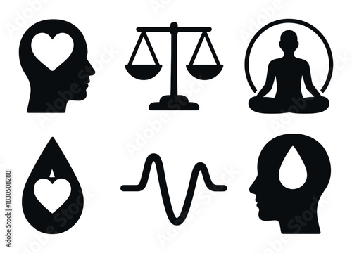 Mindfulness symbols: balance, meditation, heart, brain, water, pulse icons
