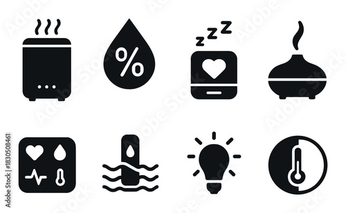 Set of black humidity and temperature control icons on dark background