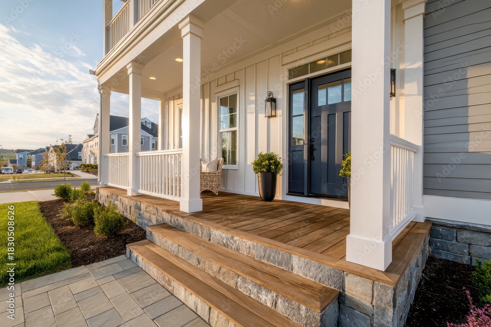 Fototapeta premium Contemporary home exterior with inviting porch, stone steps, and dark front door