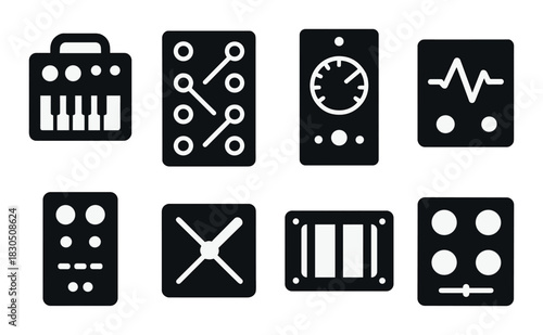 Minimalistic black and white music equipment icons on dark background