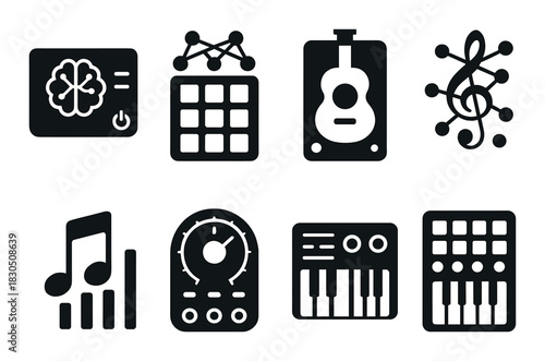 Digital music interface icons featuring instruments and technology elements