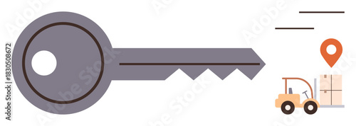 Large key alongside a forklift transporting goods toward a location pin marker, representing themes of logistics, delivery, security, access, storage, efficiency, navigation. Simple flat metaphor