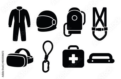 Silhouettes of adventure gear: harness, helmet, first aid, suit, backpack, virtual reality