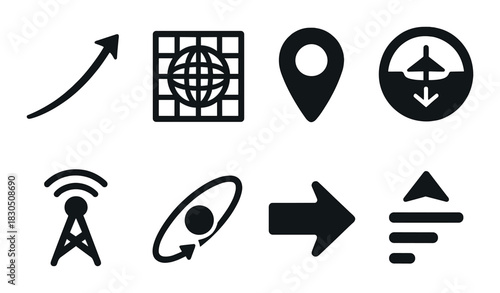 Set of dark global navigation icons with arrows and location symbols