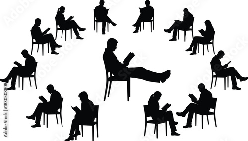 The Power of Shared Reading and Collective Learning: A Silhouette Circle of Diverse Individuals Engaging in Quiet Study, Reflection, and Knowledge Acquisition