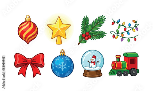 Colorful christmas decorations set: ornaments, lights, snowman, train, bow, star