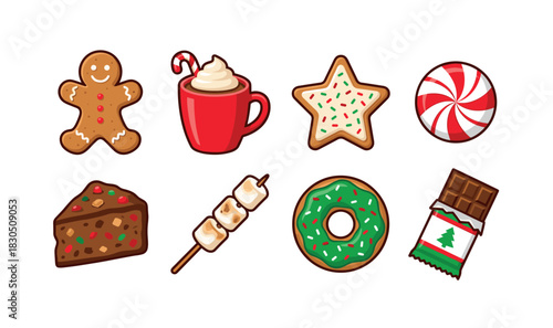 Festive holiday treats: gingerbread, marshmallows, hot cocoa, candy cane, chocolate bar