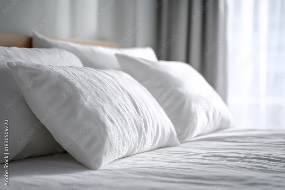 Obraz premium Cozy white pillows on a tidy bed with calm, airy atmosphere and subtle shadows