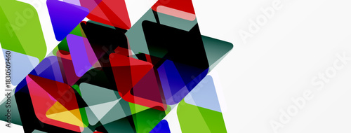 Abstract colorful shapes overlap, creating dynamic composition. Bright hues contrast with white space. Modern design elements present.