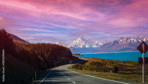  Landscape view of Mount Cook Road with Golden Hour Clouds and Scenic New Zealand Highway to the Southern Alps