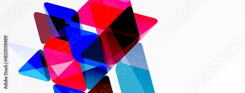 Abstract composition featuring overlapping translucent triangles. Vivid blues, reds dominate white background. Dynamic, modern aesthetic.