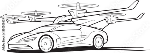 Line art illustration of flying car concept with rotors on transparent background