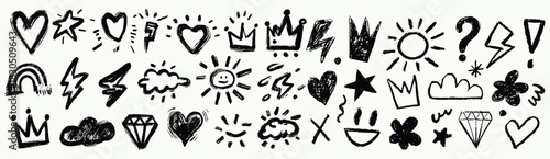 Hand-drawn doodle icon set featuring hearts, stars, crowns, sun symbols, lightning bolts, clouds, diamonds, and expressive sketch elements. Perfect for stickers, branding, playful graphics, social med