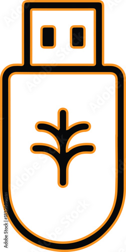 Simple line art icon of a usb drive with a plant symbol