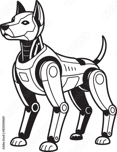 Mechanical Robot Dog Vector Illustration In Black And White Style For Technology