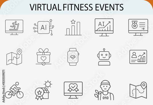Virtual fitness events line icons set, digital health sport vector