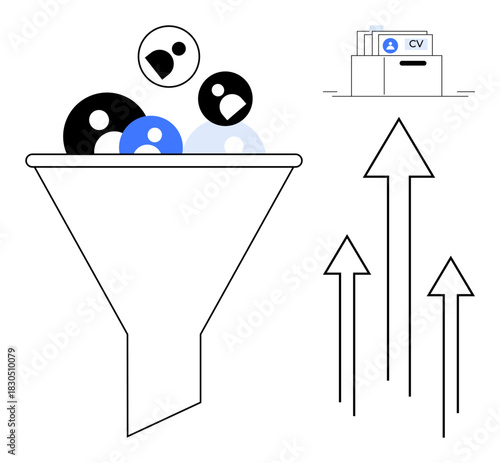 Recruitment process. Recruitment using funnel, candidate profiles, and application management. Recruitment highlights streamlining hiring and talent growth. For HR, employment, hiring analytics