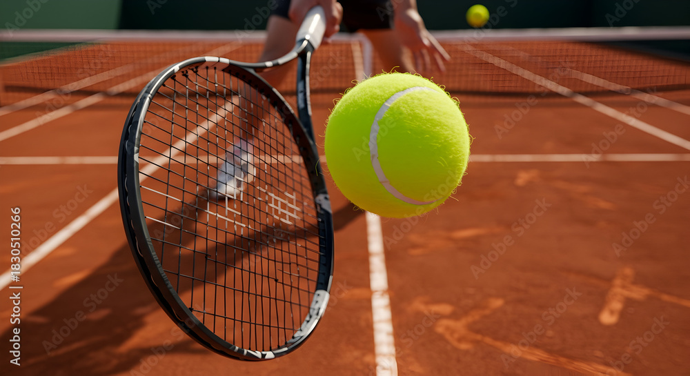 Naklejka premium Dynamic Tennis Player Hitting Bright Yellow Ball with Racket on Clay Court in Action, Capturing the Essence of Competitive Sports and Athleticism