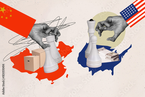 Konstfotografi Sketch image 3D photo collage of flag sleeve asia america hand hold chess figure