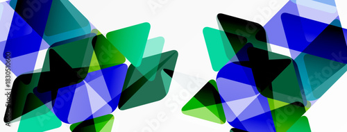 Abstract geometric shapes overlap, creating vibrant blue, green tones. Minimalist design suggests movement, depth. Clean background enhances visual impact.