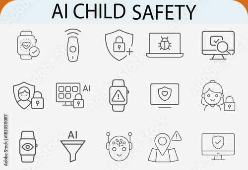 AI child safety line icons set, cybersecurity monitoring devices vector