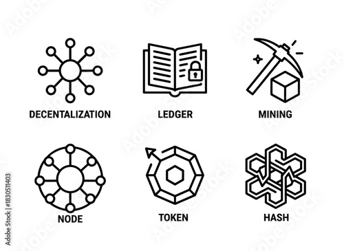 Decentralization Ledger Mining Node Token Hash Minimal Bold Line Icon Set