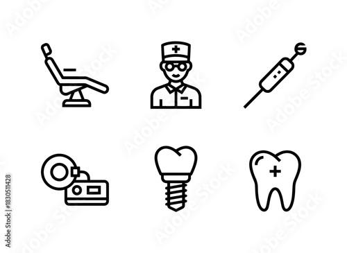 Dental Chair Dentist Dental Drill Dental X Ray Dental Implant Dental Crown Minimal Bold Line Icon Set