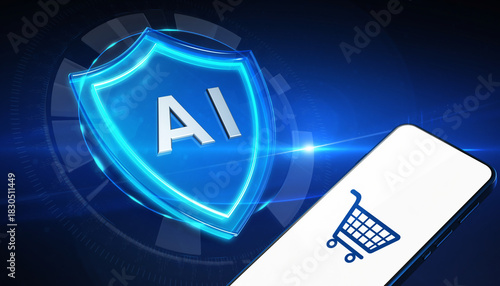 Digital Shield of AI Commerce:  A sleek, modern illustration of AI safeguarding online shopping, with a focus on security, technological advancement, and the future of e-commerce.