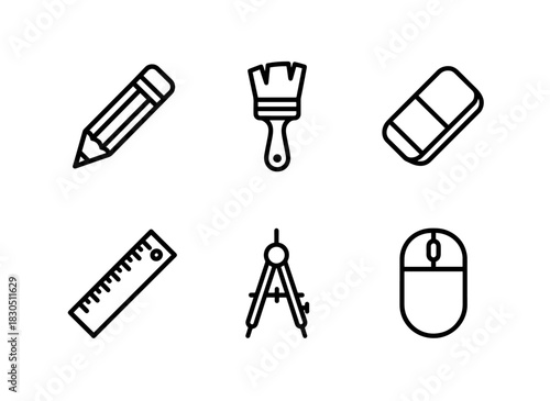 Design Tools Pencil Paintbrush Eraser Ruler Compass Minimal Bold Line Icon Set