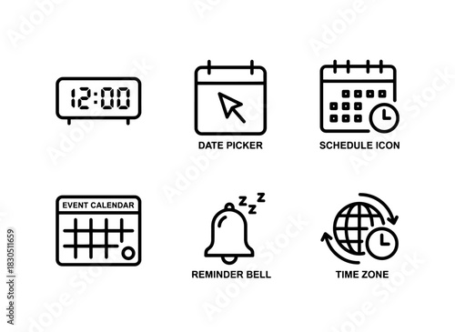 Digital Clock Date Picker Schedule Icon Event Calendar Reminder Bell Minimal Bold Line Icon Set