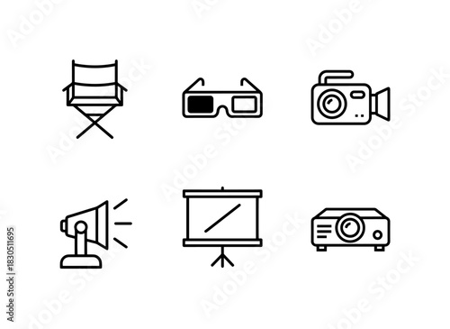 Director Chair 3D Glasses Video Camera Spotlight Screen Projector Minimal Bold Line Icon Set