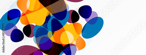 Abstract colorful shapes overlap, creating dynamic visual composition. Bright hues blend, forming interesting patterns. Modern design element.