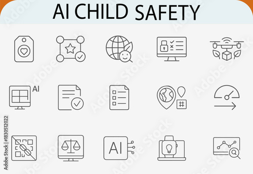 AI child safety line icons set, ethical digital protection vector