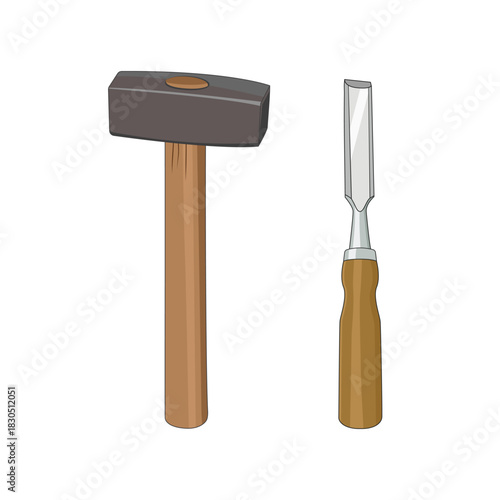 Carving tools with hammer. Vector illustration