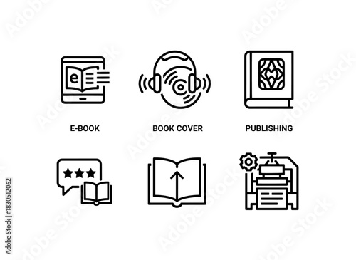 Ebook Audiobook Book Cover Book Review Publishing Printing Press Minimal Bold Line Icon Set