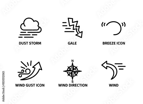 Dust Storm Sandstorm Gale Breeze Wind Gust Wind Direction Minimal Bold Line Icon Set