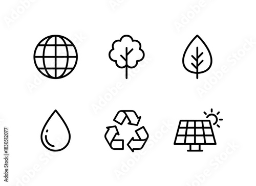 Earth Globe Tree Leaf Water Drop Recycling Symbol Solar Panel Minimal Bold Line Icon Set