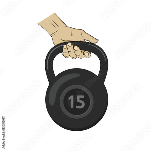 Hand holding a black kettlebell. Vector design