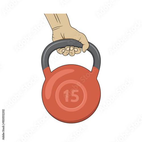 Hand holding a red kettlebell. Vector design