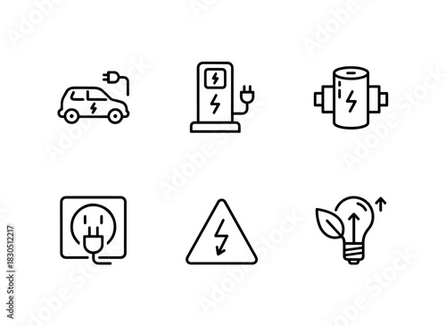 Electric Car Charging Station Fuse Electric Outlet High Voltage Energy Saving Minimal Bold Line Icon Set