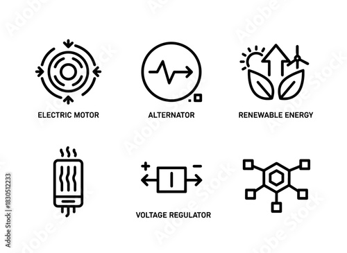 Electric Motor Alternator Renewable Energy Electric Heater Voltage Regulator Power Control Minimal Bold Line Icon Set