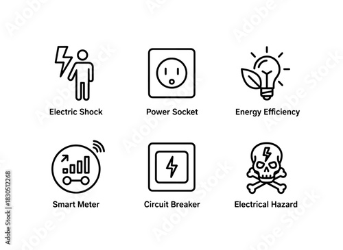 Electric Shock Power Socket Energy Efficiency Smart Meter Circuit Breaker Electrical Hazard Minimal Bold Line Icon Set