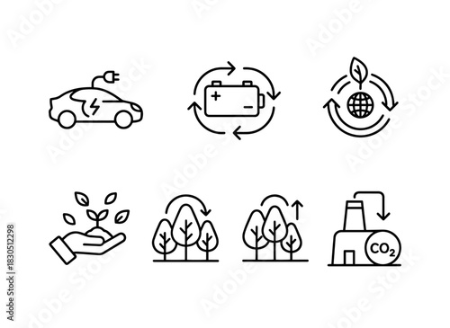 Electric Vehicle Battery Storage Carbon Offset Tree Planting Reforestation Carbon Footprint Minimal Bold Line Icon Set