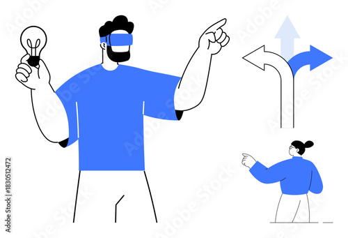 Man with virtual reality headset holds lightbulb, pointing forward to explore opportunities. Woman observes at crossroad. Ideal for innovation, creativity, leadership, decision-making, technology