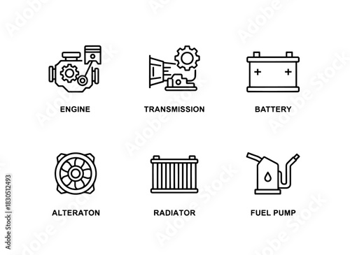 Engine Transmission Battery Alternator Radiator Fuel Pump Minimal Bold Line Icon Set